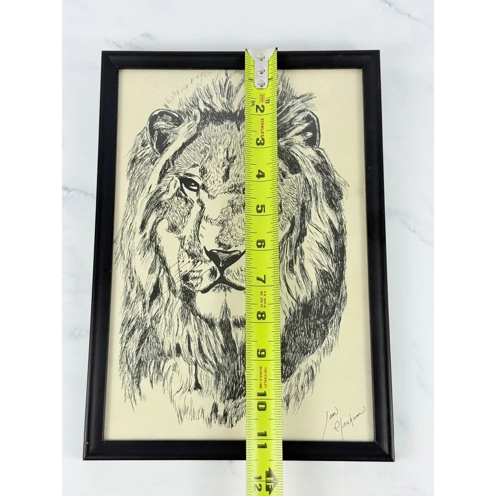 Original Framed Signed Art Ink Drawing of Lion 11.5